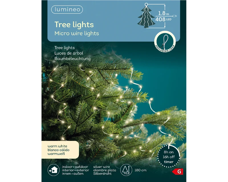 Micro LED a grappolo per albero di Natale con luce fissa, 180 cm, luce bianco caldo.