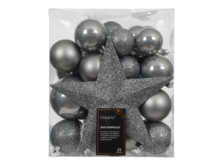 Confezione 33 palline di natale Miste Grigie 8cm con puntale a stella