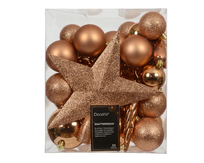 Confezione 33 palline di natale Miste Brandy 8cm con puntale a stella