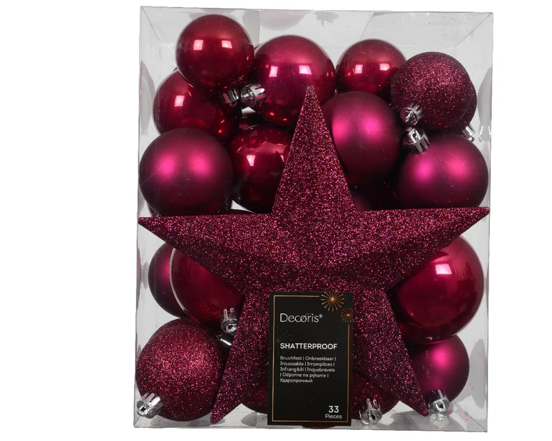 Confezione 33 palline di natale Miste Rosa 8cm e puntale a stella
