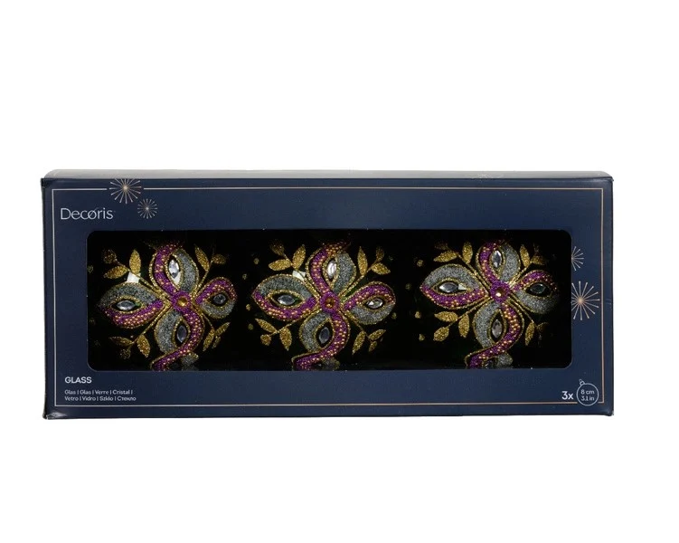 Set 3 Palline di Natale Trasparenti con Decorazioni Verde Pino 8cm