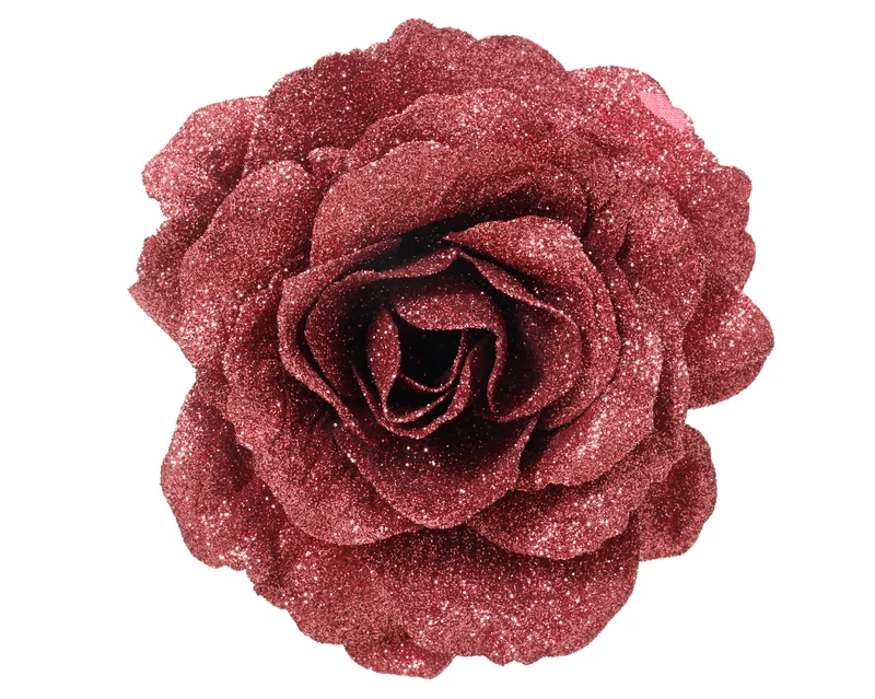 ROSA DECORATIVA CON CLIP GLITTERATA 12CM