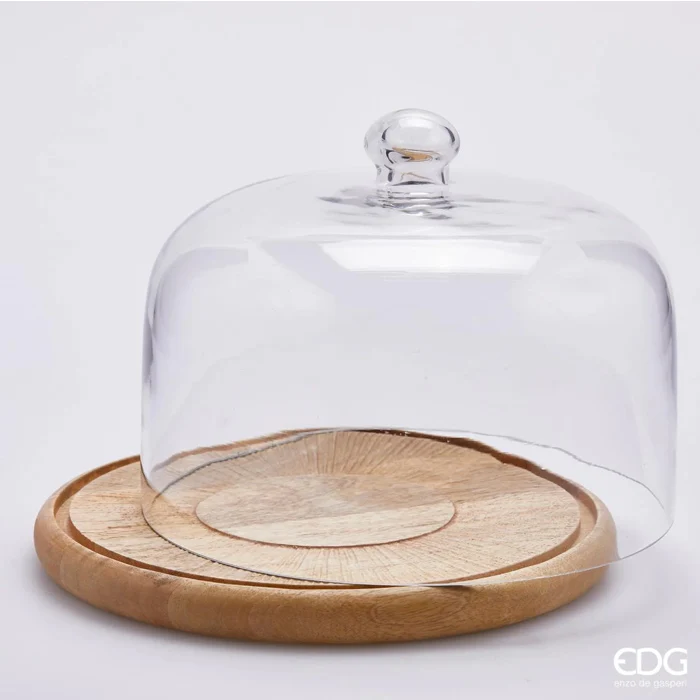 PIATTO IN LEGNO DI ACACIA CON CUPOLA IN VETRO Ø23XH19CM