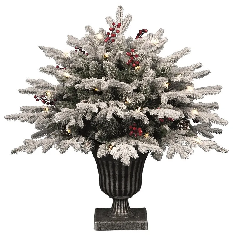 PINETTO INNEVATO FLOCCATO CON 70 LED, BACCHE E PIGNE, 75CM, CON VASO