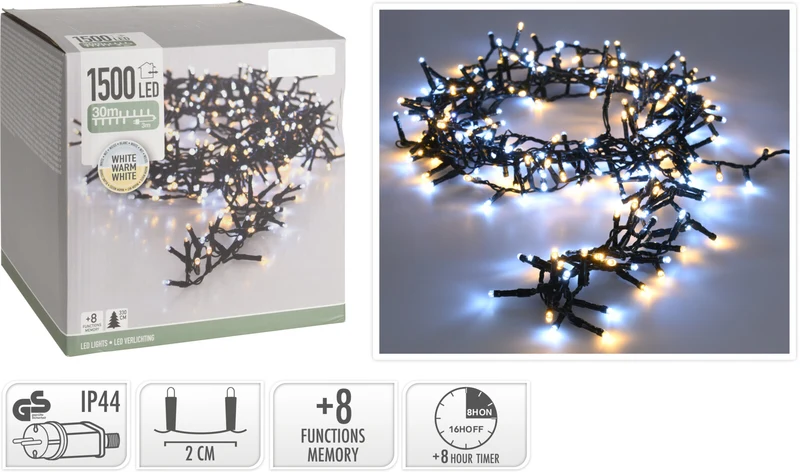 LUCI DI NATALE 1500 LED, 30MT, 8 GIOCHI DI LUCE, BIANCO CALDO/FREDDO