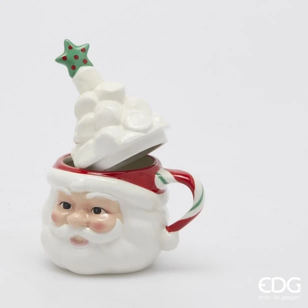TAZZA DI BABBO NATALE IN CERAMICA CON COPERCHIO, H18XØ10, COLORE BIANCO E ROSSO