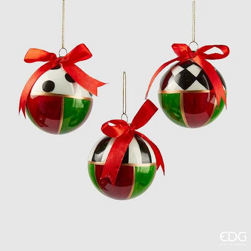 PALLINA DI NATALE DECORATA A SCACCHI, Ø8CM, VERDE E ROSSO