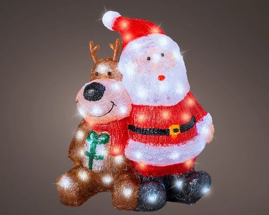 BABBO NATALE CON RENNA IN ACRILICO, CON LED, 34X18X40 CM