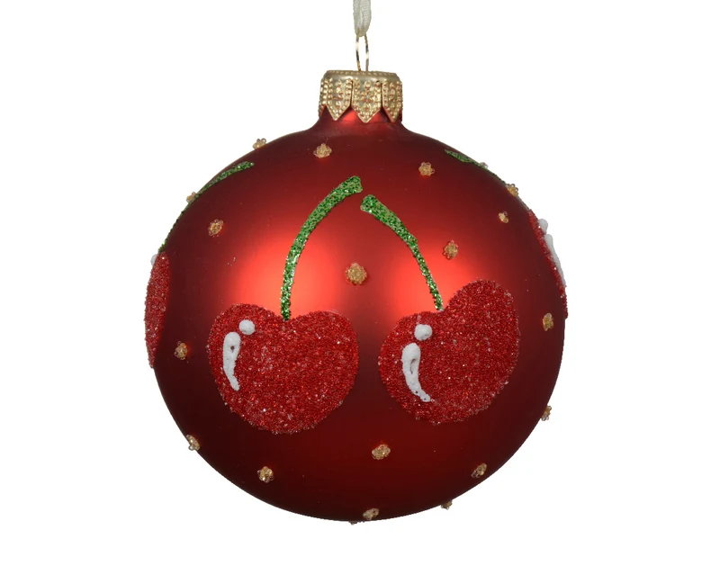 PALLINA DI NATALE DI VETRO, CON CILIEGIA, Ø8 CM, COLORE ROSSO
