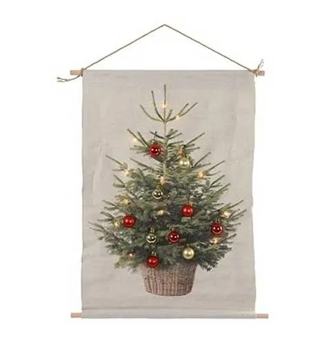 TELO DECORATIVO DA MURO CON ALBERO DI NATALE LED BIANCO CALDO E PALLINE ORO/ROSSE H60CM