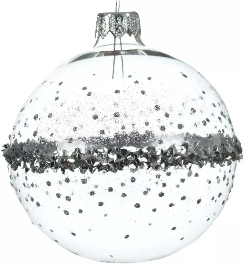 PALLINA DI NATALE IN VETRO TRASPARENTE CON DECORAZIONI ARGENTO 8CM