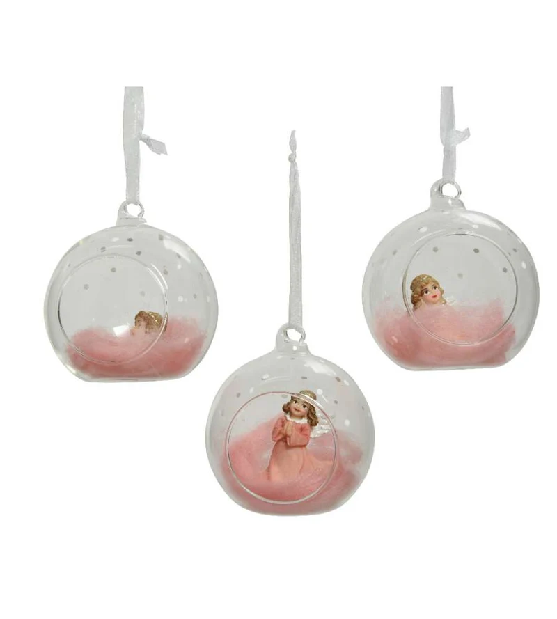 PALLINA DI NATALE IN VETRO TRASPARENTE 8CM CON FATINA ROSA ASSORTITA