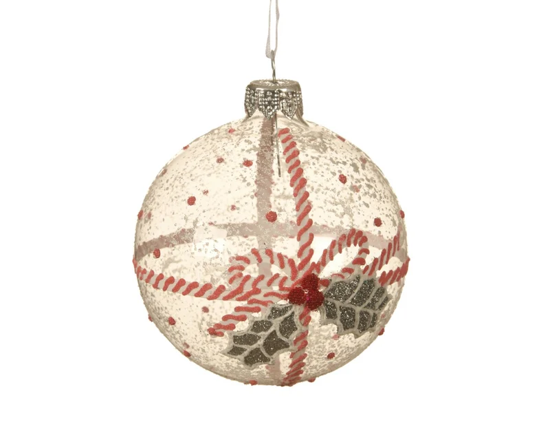PALLINA DI NATALE IN VETRO TRASPARENTE CON AGRIFOGLIO INNEVATO E FIOCCO ROSSO BIANCO 8CM