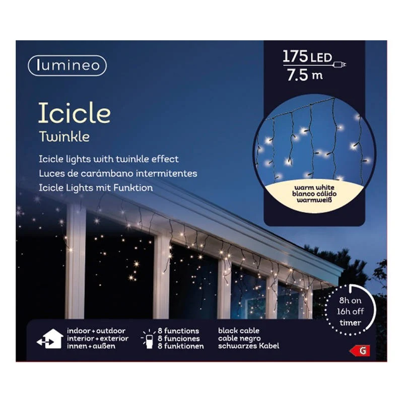 STALATTITE LUCE GHIACCIOLI BIANCO CALDO EXTRA 175 LED 8 GIOCHI DI LUCE 7,5MT