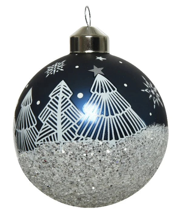 PALLINA DI NATALE IN VETRO BLU CON DECORAZIONE FIOCCHI DI NEVE E ALBERO 8CM