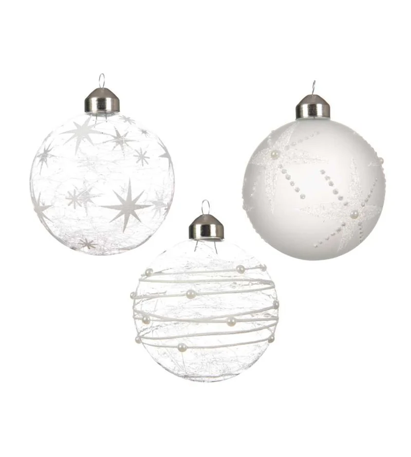 1 PALLINA DI NATALE IN VETRO BIANCO INVERNO 8CM CON GLITTER ASSORTITA