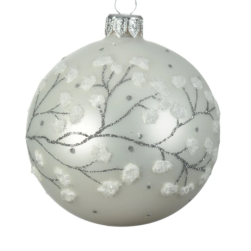 PALLINA DI NATALE IN VETRO BIANCO OPACO DECORAZIONE FIORI DI CILIEGIO 7.6CM