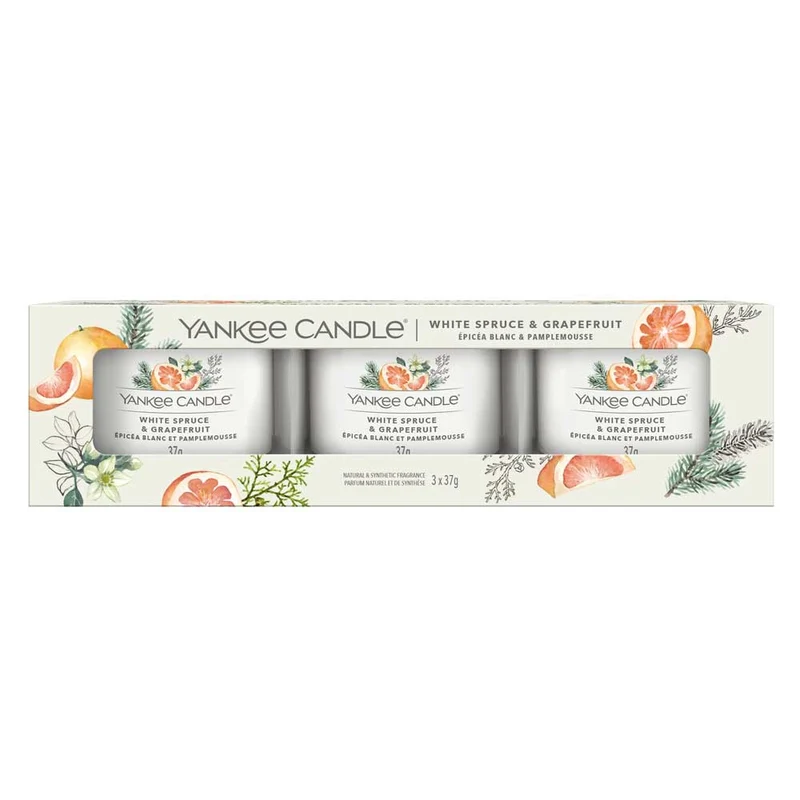 3 CANDELE PROFUMATE VOTIVE IN VETRO WHITE SPRUCE & GRAPEFRUIT