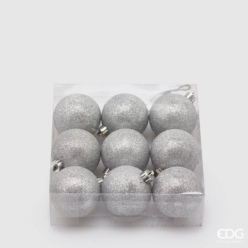 9 PALLINE ARGENTO GLITTER 6CM