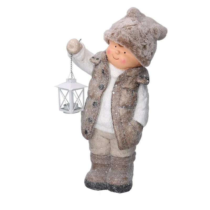 STATUINA BAMBINO IN RESINA CON LANTERNA BEIGE PORTA T-LIGHT 30X21H51CM
