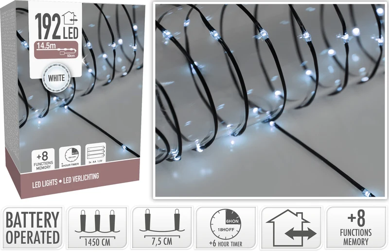 LUCI 192 MICRO LED BIANCO GHIACCIO 8 FUNZIONI 14,5 MT