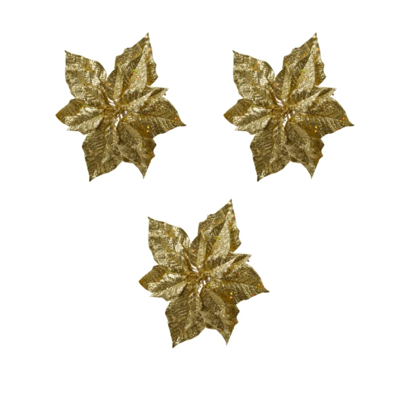 OFFERTA 3 POINSETTIE CON CLIP E GLITTER 23X7CM ORO