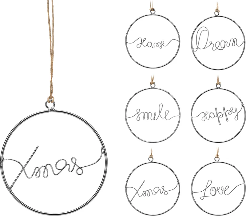 OFFERTA 4 PENDAGLI IN METALLO ARGENTO SCRITTE NATALIZIE 10CM