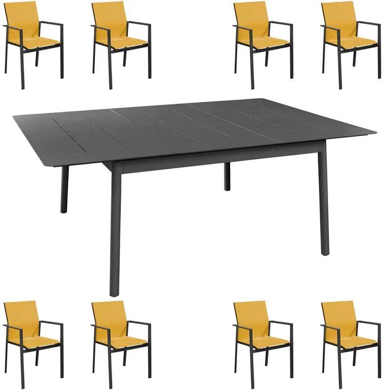OFFERTA TAVOLO DUBLINO ALLUNGABILE 140/200X140 GRAFITE +8 POLTRONE DELIA GRAFITE/MOSTARDA