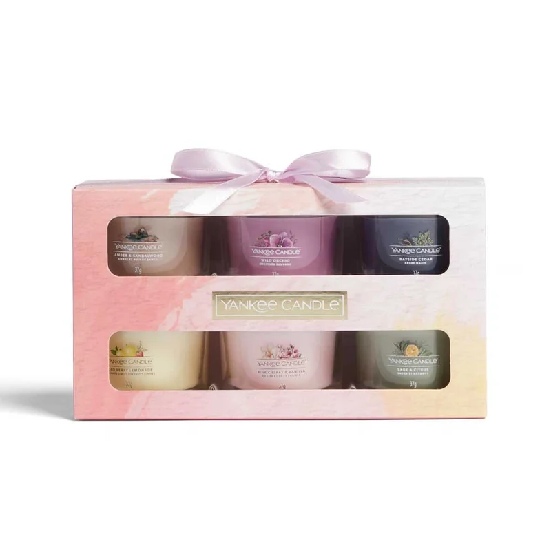CONFEZIONE REGALO CON 6 CANDELE VOTIVE IN VETRO