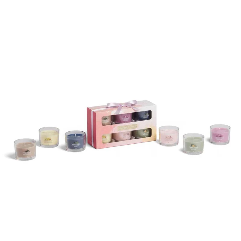CONFEZIONE REGALO CON 6 CANDELE VOTIVE IN VETRO