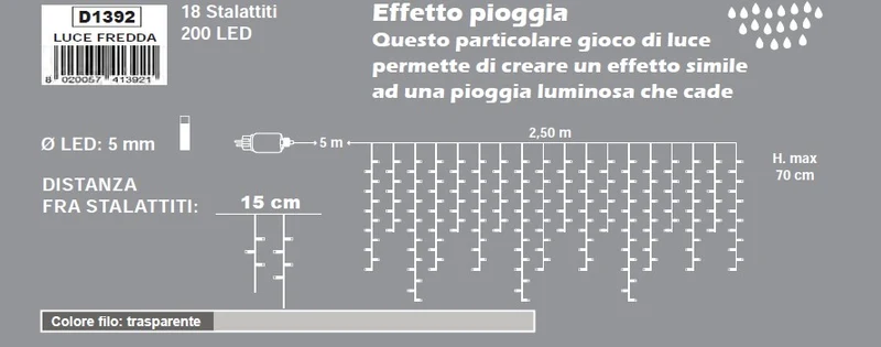 TENDA CON STALATTITI 200 LED BIANCO GHIACCIO CON GIOCHI DI LUCE 2.5MT