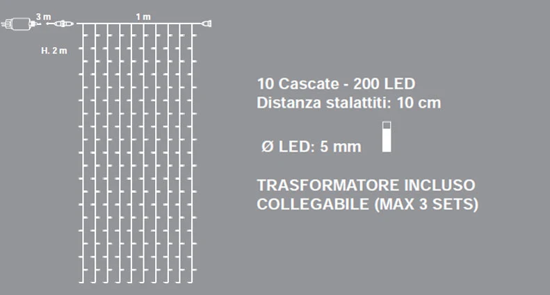 TENDA CON CASCATA 200 LED BIANCO CALDO CON GIOCHI DI LUCE 1XH2MT COLLEGABILE