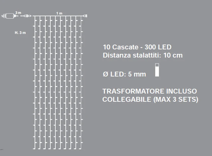 TENDA CON CASCATA 300 LED BIANCO GHIACCIO CON GIOCHI DI LUCE 1XH3MT COLLEGABILE