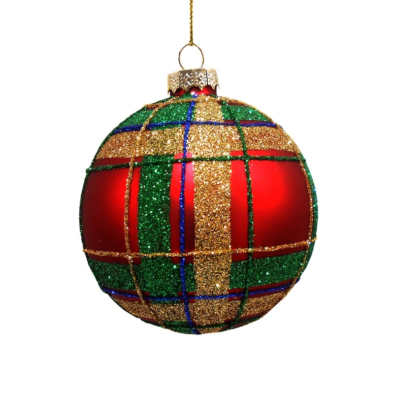PALLINA IN VETRO CON DECORAZIONI GLITTER D8CM ROSSA/VERDE