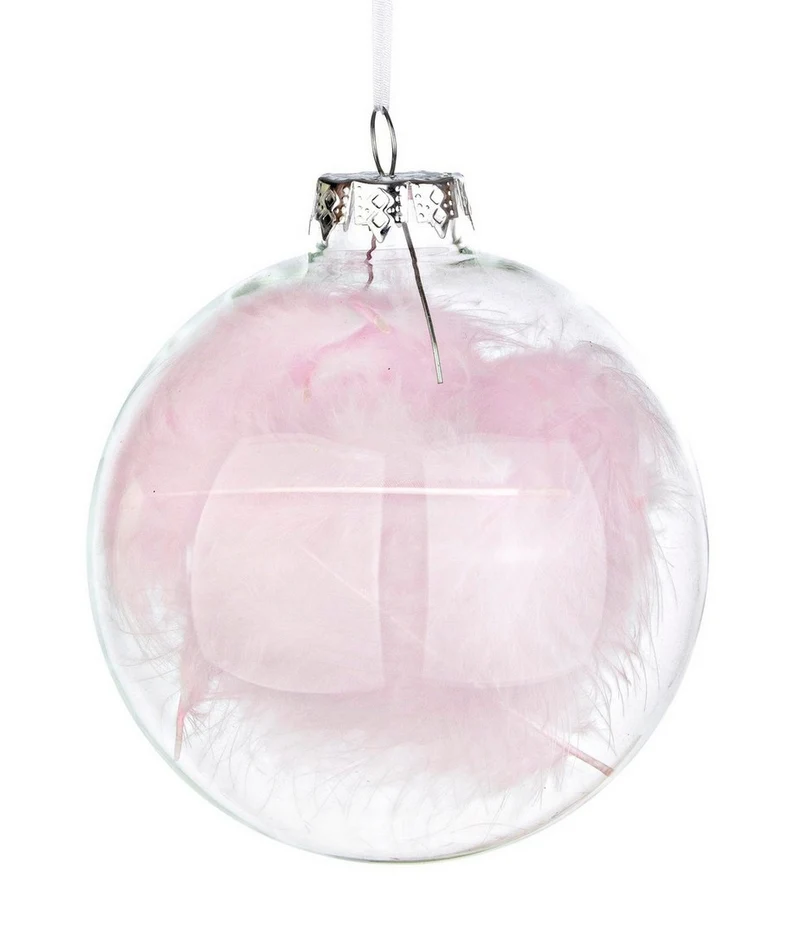 PALLINA IN VETRO CON PIUMA ROSA Ø10CM