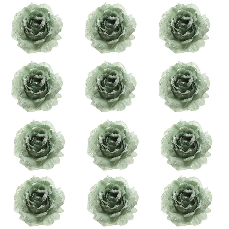 OFFERTA 12 ROSE APPENDIBILI CON CLIP E GLITTER 14X8,5CM VERDE SALVIA