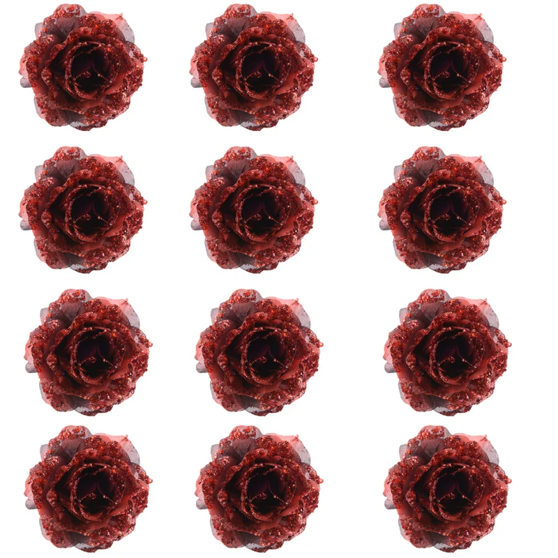 OFFERTA 12 ROSE APPENDIBILI CON CLIP 14CM CON GLITTER BORDEAUX