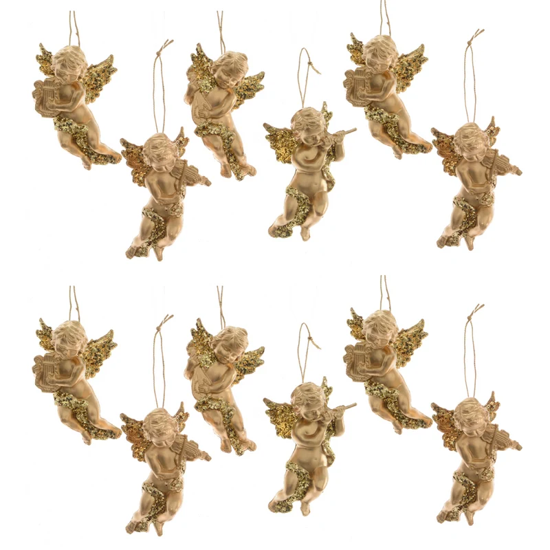 OFFERTA 12 ANGIOLETTI CON GLITTER DA APPENDERE 10CM ORO MODELLO ASSORTITO